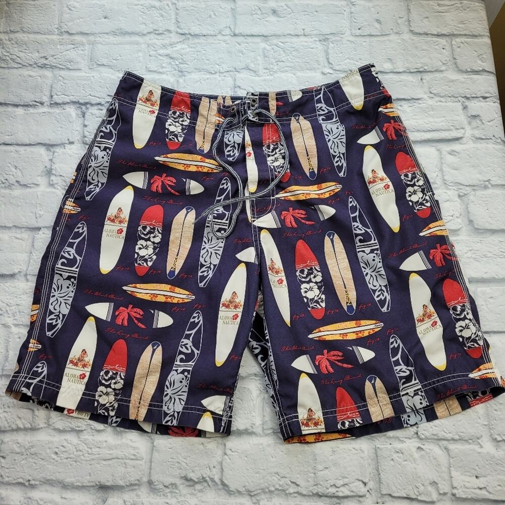 Nautica Blue and Tan Swim Trunks with Surfboard Pattern